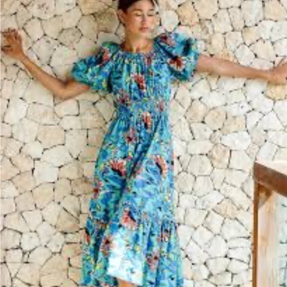 Cleobella Misha Ankle tiered ruffle puff sleeve dress in Calypso size sm…